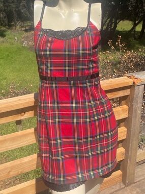 Y2K mall era Charlotte Russe Red Plaid Slip Dress with Black Lace Trim